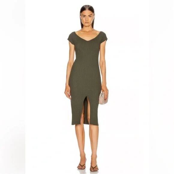 Enza Costa Cotton Knit V-Neck Cap Sleeve Slit Midi Dress Green Women's Size M - Picture 1 of 8